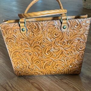 Hand-Tooled Floral Leather Tote Bag - Caramel